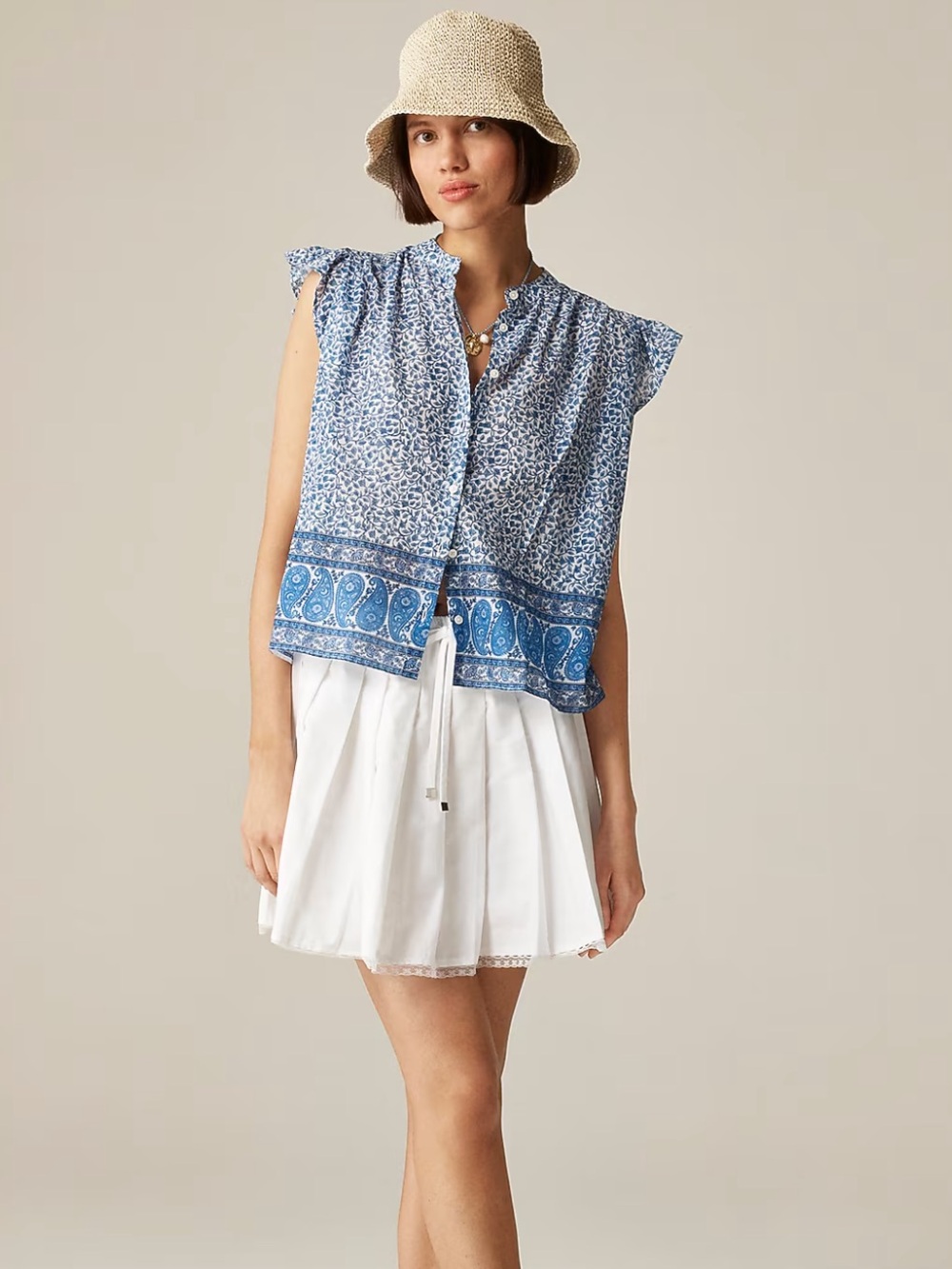 NWT J. Crew Flutter Sleeve Button-Up Shirt in Bandana Block Print XS Blue